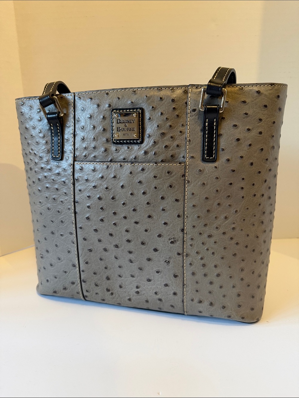 Dooney & Bourke Gray Ostrich-Embossed Lexington Tote with Black Trim